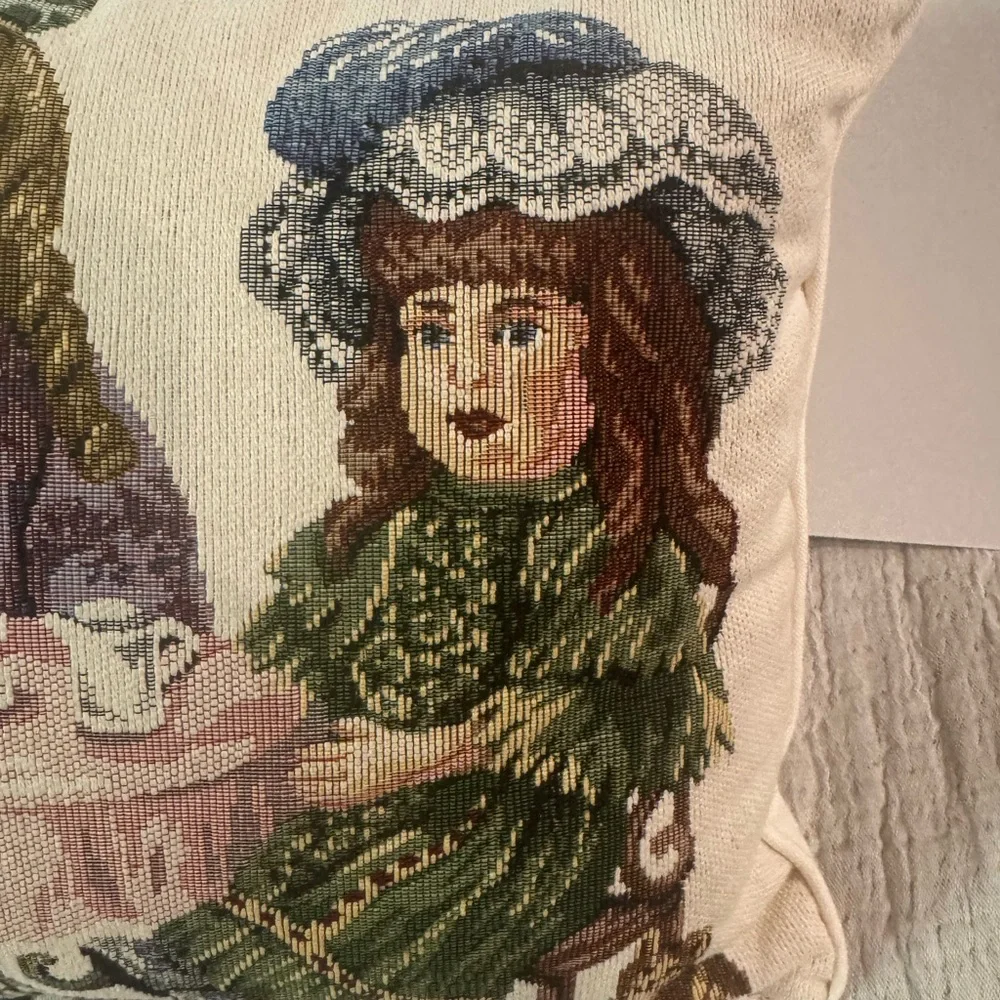 Vintage Dakotah Victorian Doll Tea Party Needlepoint Tapestry Pillow